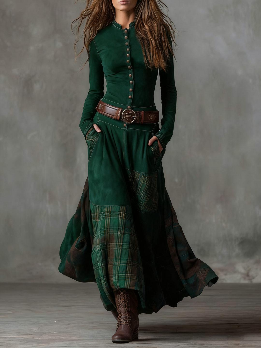 Leone | Vintage Long Suede Checkered Dress (Includes Belt)